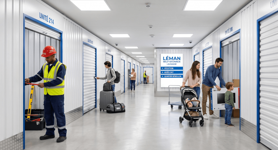 Allée d'un centre de self-stockage moderne avec différents profils de clients (artisan, famille avec poussette, voyageur) accédant à leurs boxes sécurisés.