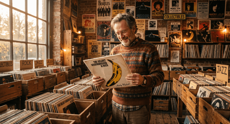 Collectionneur souriant examinant un album vinyle rare au milieu de sa collection de disques et posters rock vintage.