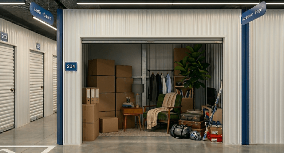 Box de stockage individuel numéro 204 ouvert et parfaitement optimisé avec cartons, fauteuil, plante verte, valises et skis en hauteur.