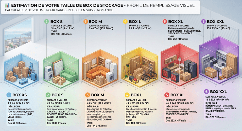 Infographie comparative des tailles de box de stockage du XS au XXL avec volumes en m³, surfaces en m² et exemples de meubles à entreposer.