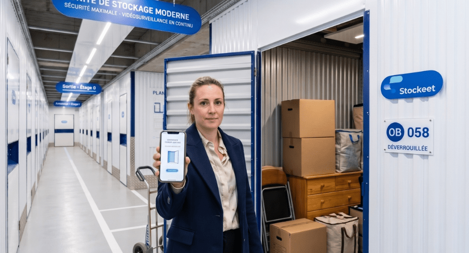 Une cliente présente son smartphone avec l'application de déverrouillage digital devant son box de stockage Stockeet numéro OB 058 ouvert.