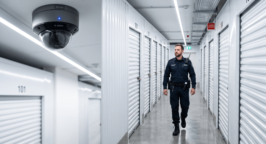 Un agent de sécurité effectue sa ronde dans l'allée des boxes, sous une caméra dôme Bosch et un boîtier d'alarme incendie