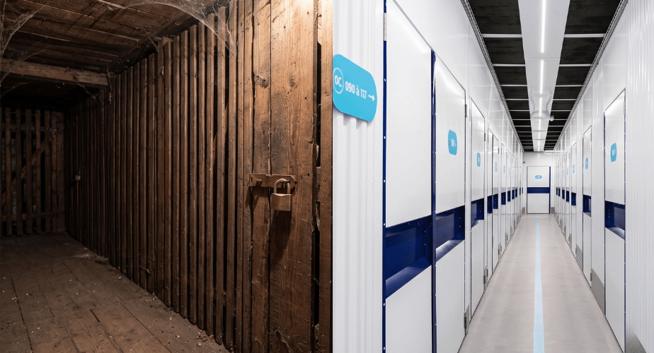 Comparaison visuelle entre une cave traditionnelle et un centre de box de stockage moderne, Stockeet basé à Aclen à 15 minutes de Lausanne