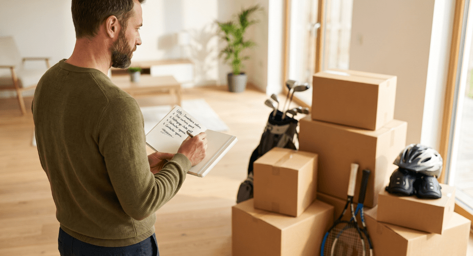 Homme faisant l'inventaire de ses cartons de déménagement et affaires de sport