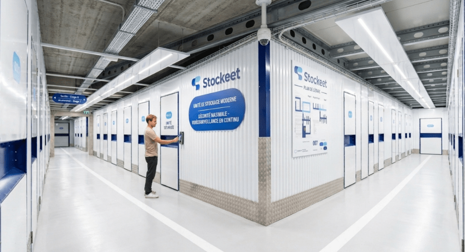 Client utilisant l'accès digital autonome pour ouvrir son box de stockage sécurisé Stockeet à Aclens dans le canton de Vaud, à 15 minutes de Lausanne